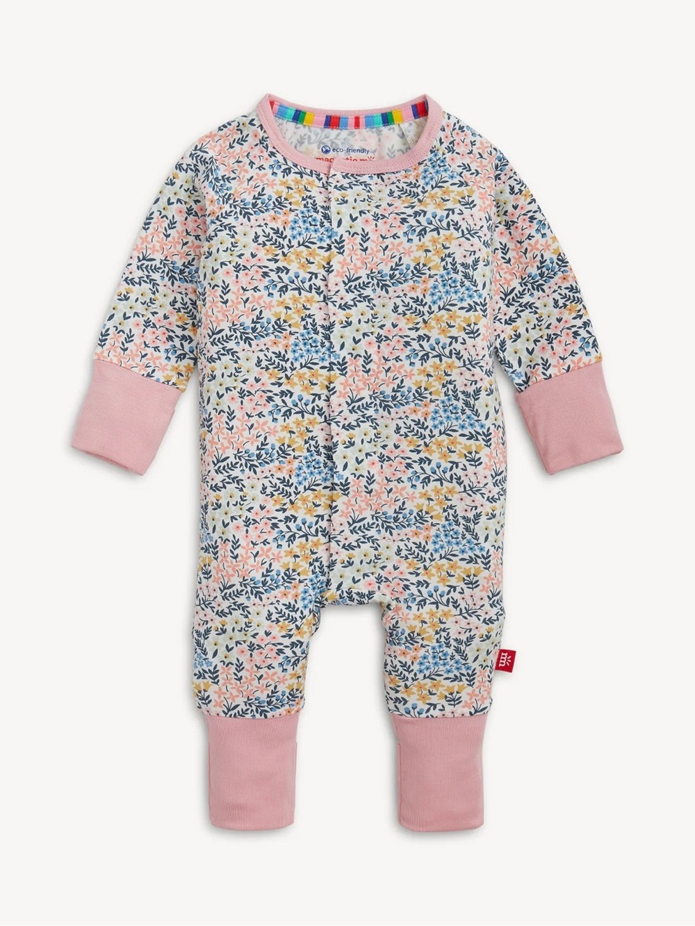 Magnetic Me Pink Floral Print Footie with Blue and Yellow Leaves